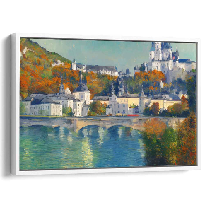 Crimson Reflections on Cobblestone: Riverside Townscape in Fall Colors Canvas Art Print