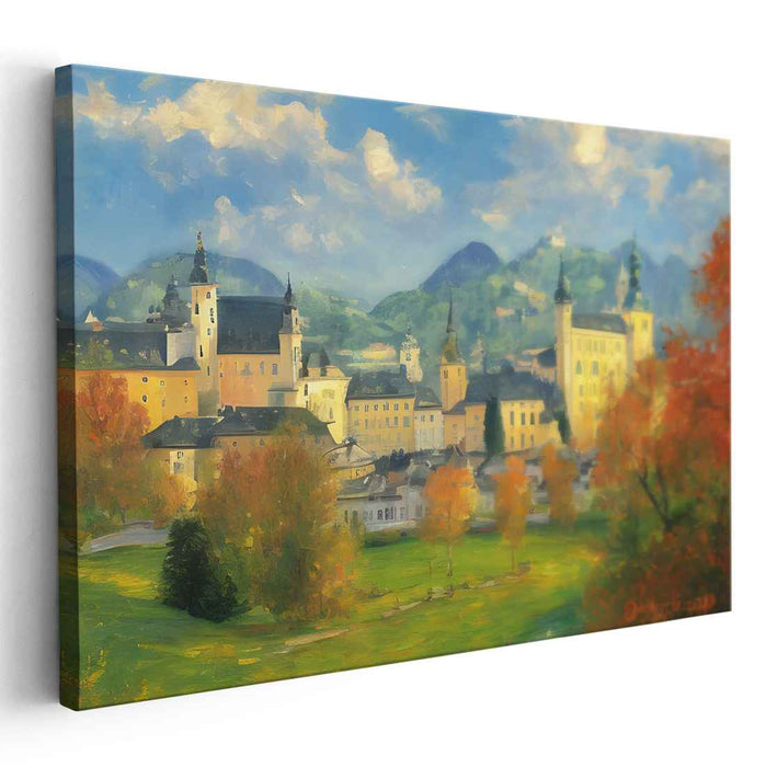 Golden Autumn in the Old Town: Romantic Landscape Canvas Art Print