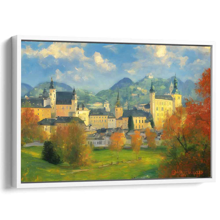 Golden Autumn in the Old Town: Romantic Landscape Canvas Art Print