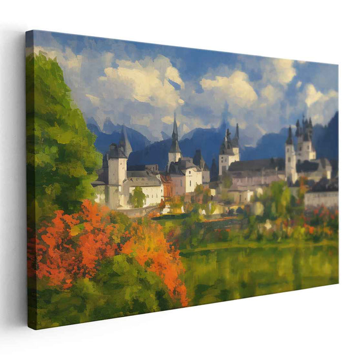Misty Moat Dreams: Lush European Castle Landscape Canvas Art
