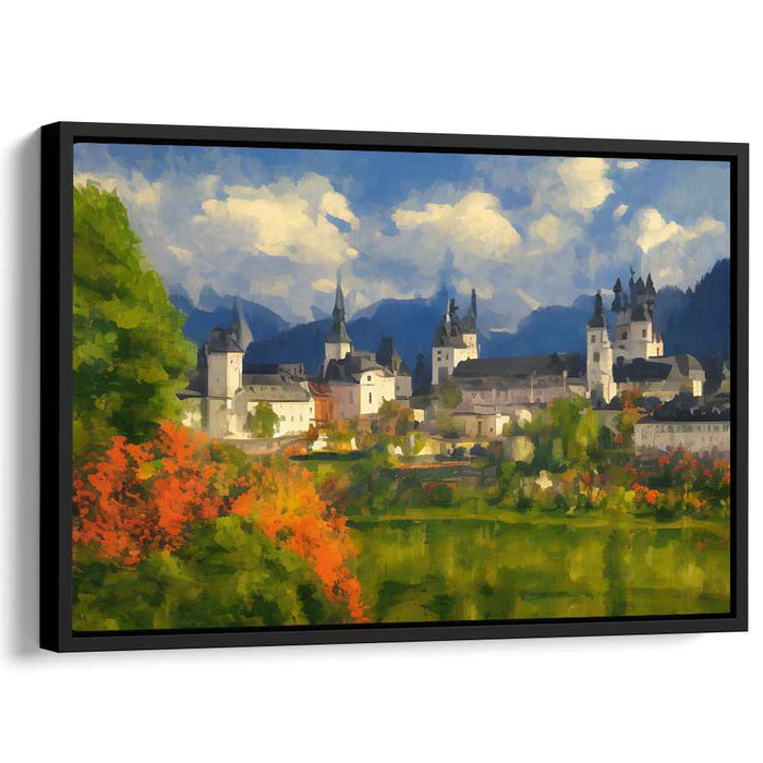 Misty Moat Dreams: Lush European Castle Landscape Canvas Art