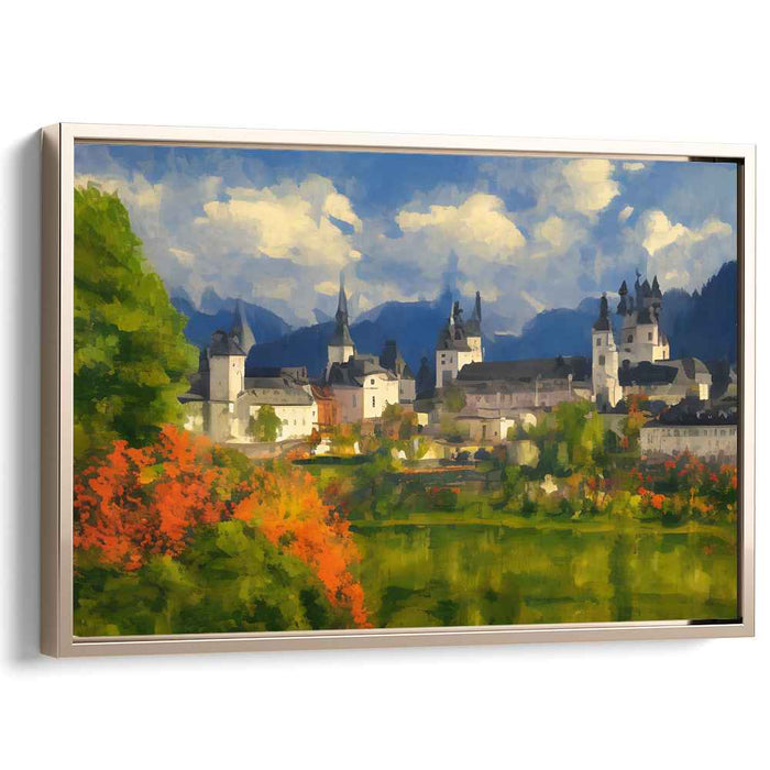 Misty Moat Dreams: Lush European Castle Landscape Canvas Art