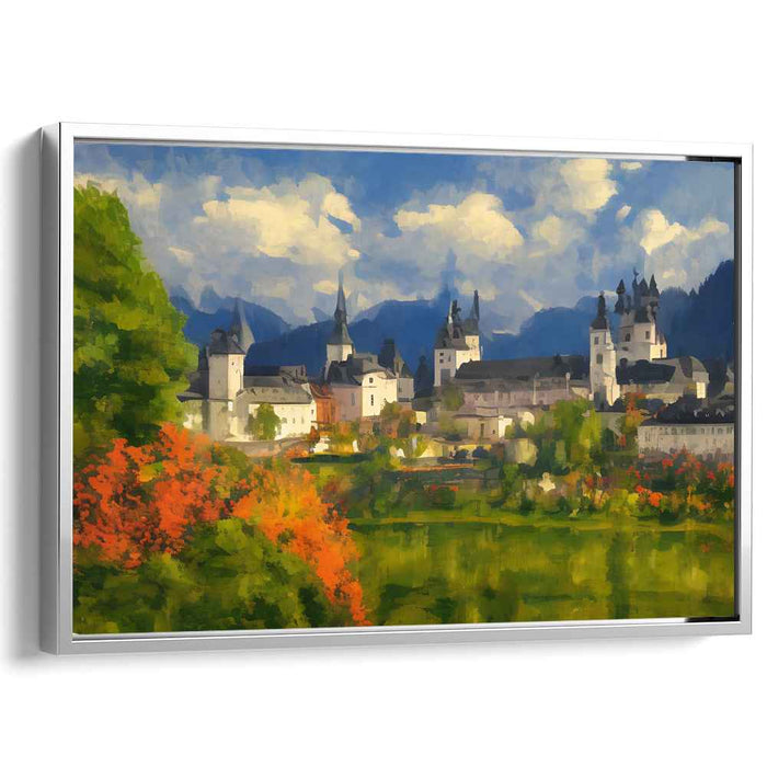 Misty Moat Dreams: Lush European Castle Landscape Canvas Art