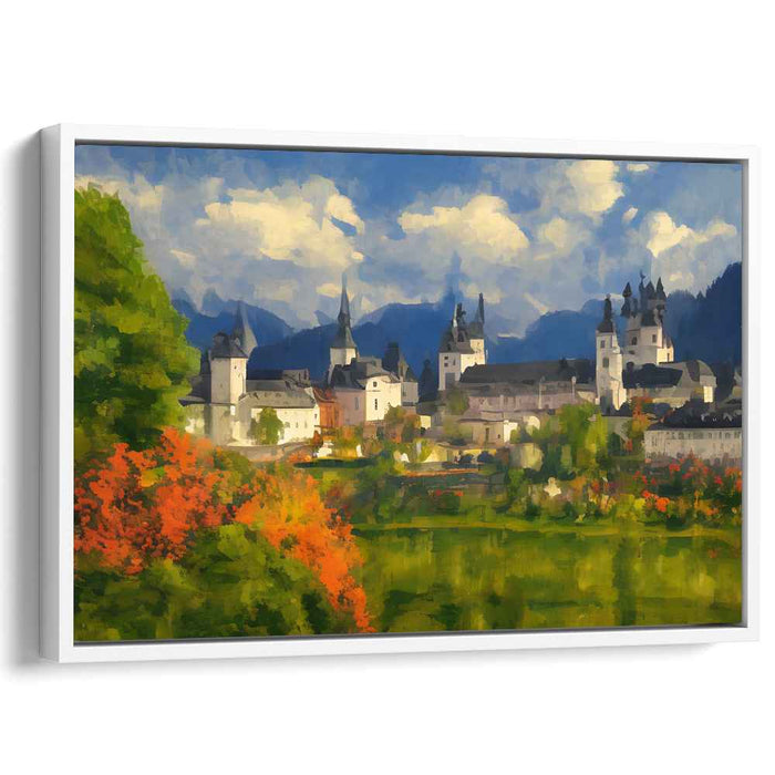 Misty Moat Dreams: Lush European Castle Landscape Canvas Art