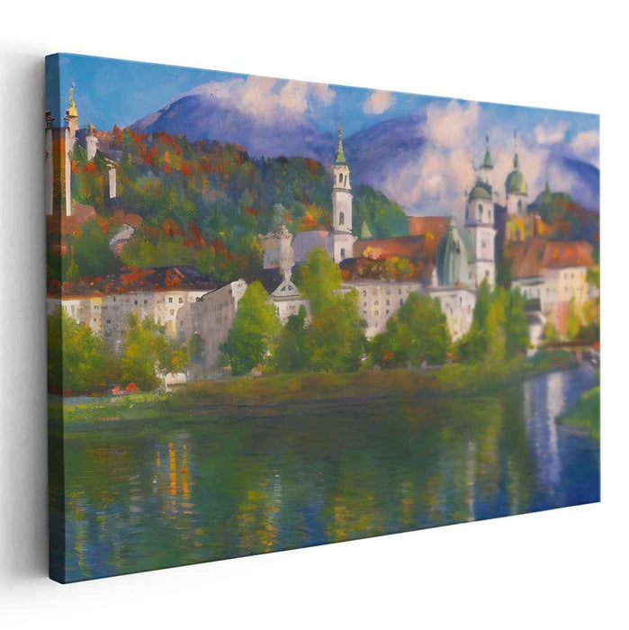 Tranquil Alpine Town: Idyllic European Cityscape Canvas Art Print