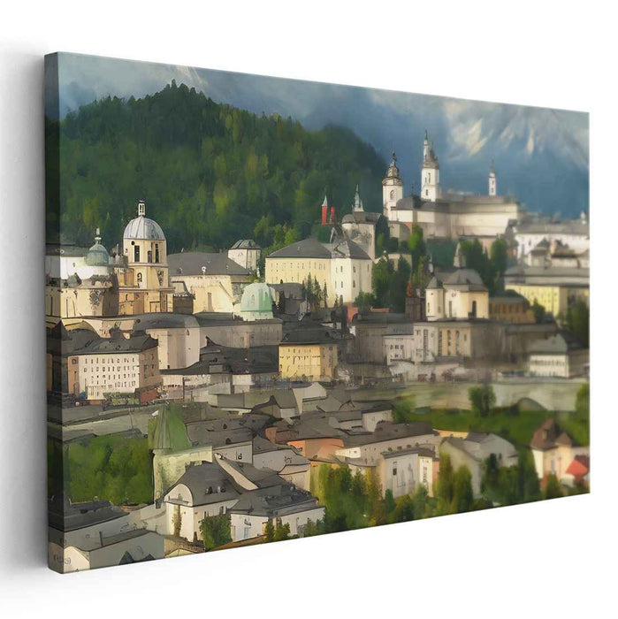 Ancient Echoes Landscape: Serene Hills and Historic Architecture Canvas Art Print