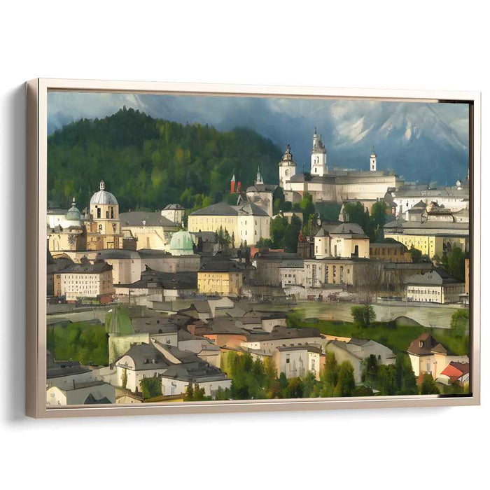 Ancient Echoes Landscape: Serene Hills and Historic Architecture Canvas Art Print
