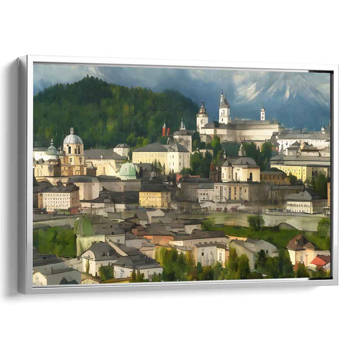 Ancient Echoes Landscape: Serene Hills and Historic Architecture Canvas Art Print