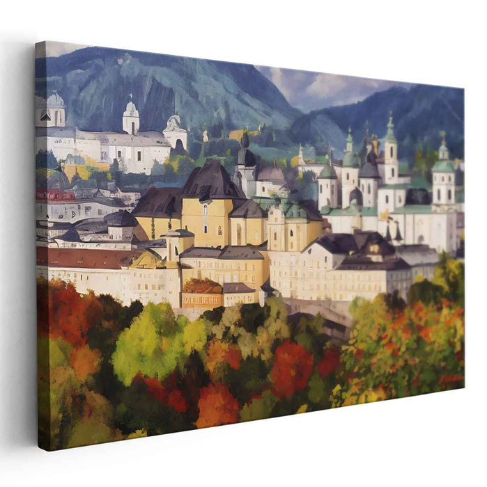 Enchanted Cobblestone Haven: Historic European Town Amidst Vibrant Foliage Canvas Art