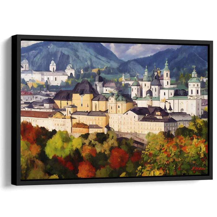 Enchanted Cobblestone Haven: Historic European Town Amidst Vibrant Foliage Canvas Art