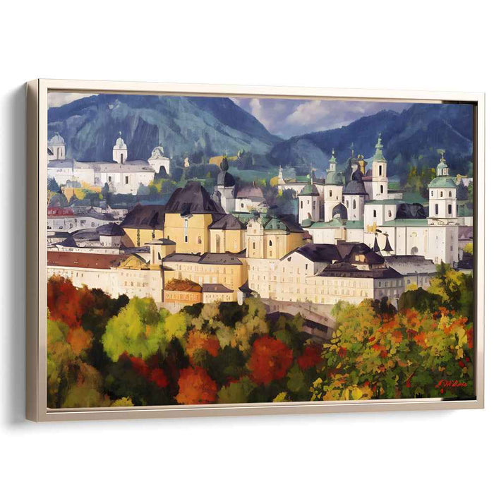 Enchanted Cobblestone Haven: Historic European Town Amidst Vibrant Foliage Canvas Art