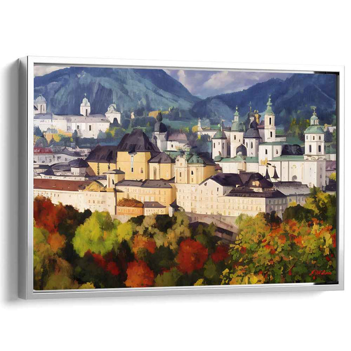 Enchanted Cobblestone Haven: Historic European Town Amidst Vibrant Foliage Canvas Art