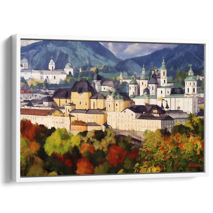 Enchanted Cobblestone Haven: Historic European Town Amidst Vibrant Foliage Canvas Art