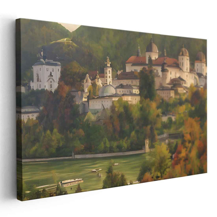 Riverside Remnants Amid Greenery: Historic Townscape with River and Foliage