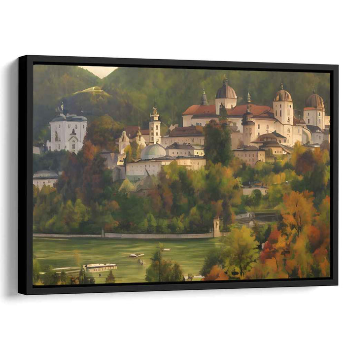 Riverside Remnants Amid Greenery: Historic Townscape with River and Foliage