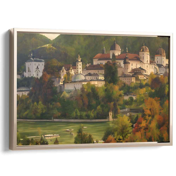 Riverside Remnants Amid Greenery: Historic Townscape with River and Foliage