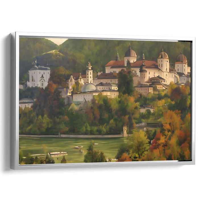 Riverside Remnants Amid Greenery: Historic Townscape with River and Foliage