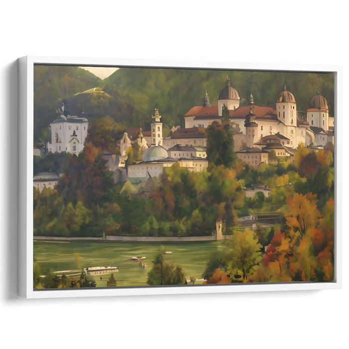 Riverside Remnants Amid Greenery: Historic Townscape with River and Foliage