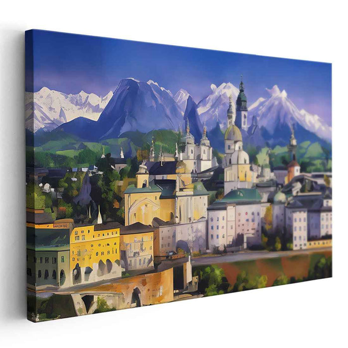 Whispers Of Ancient Peaks: Serene Mountains and Historic Architecture Canvas Art Print