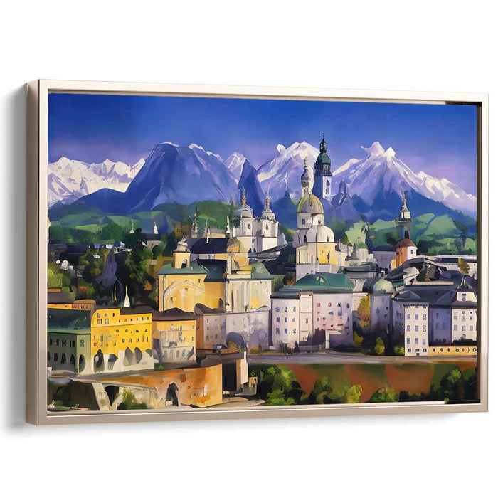 Whispers Of Ancient Peaks: Serene Mountains and Historic Architecture Canvas Art Print