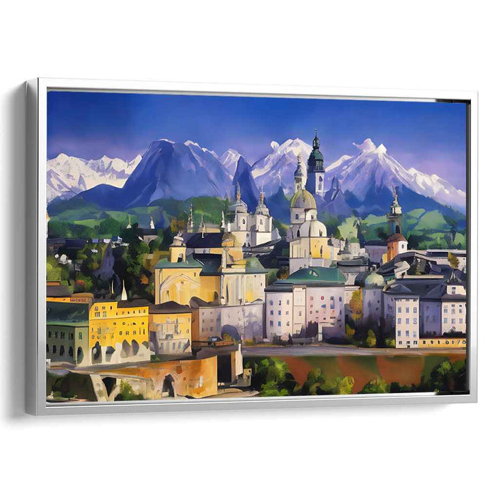 Whispers Of Ancient Peaks: Serene Mountains and Historic Architecture Canvas Art Print