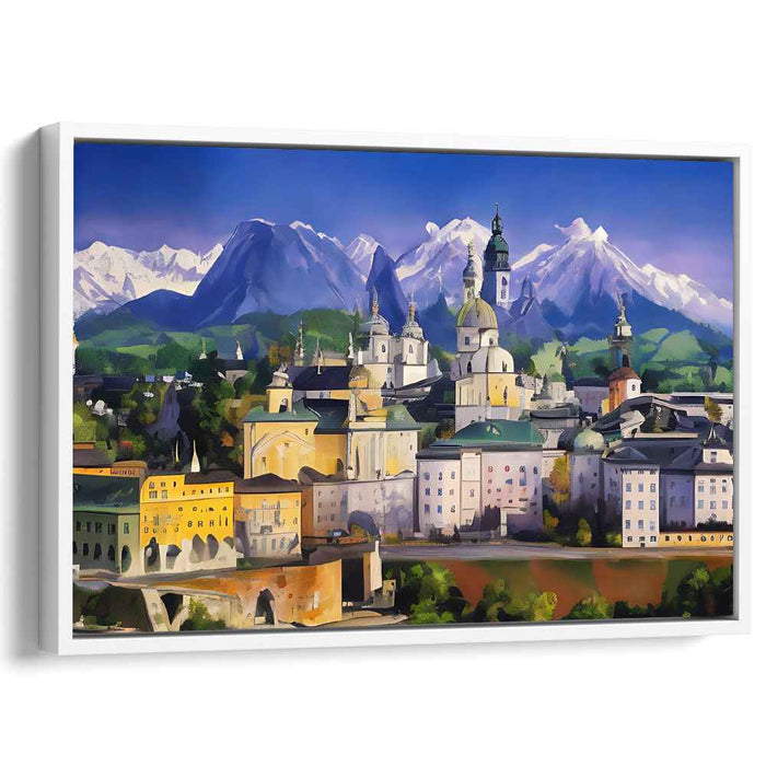 Whispers Of Ancient Peaks: Serene Mountains and Historic Architecture Canvas Art Print