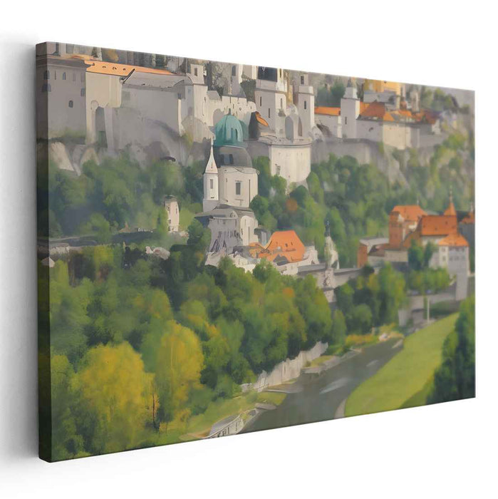 Tranquil Hillside Town: Serene Landscape Canvas Art Print