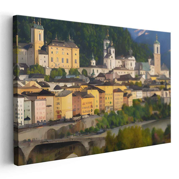 Riverside Whispers: Romantic Pastel Town by the River Canvas Art Print