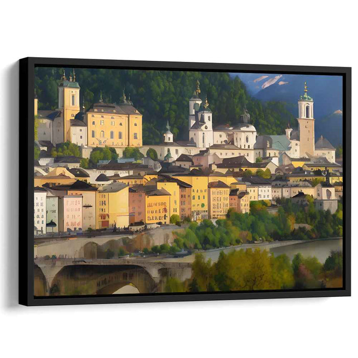 Riverside Whispers: Romantic Pastel Town by the River Canvas Art Print