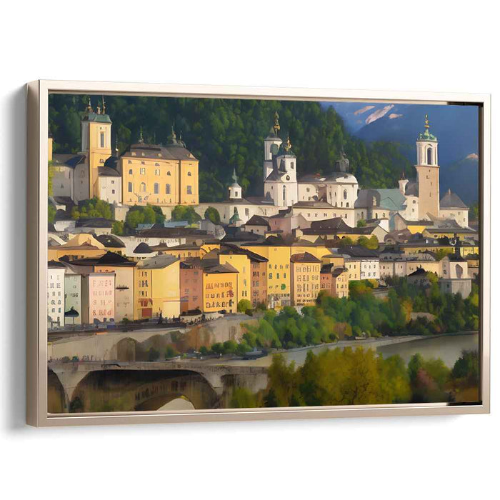Riverside Whispers: Romantic Pastel Town by the River Canvas Art Print