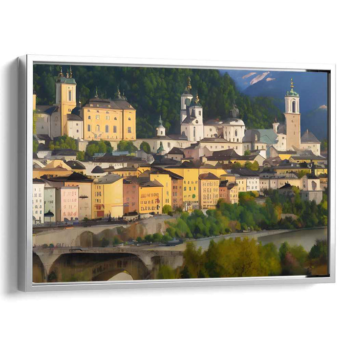 Riverside Whispers: Romantic Pastel Town by the River Canvas Art Print