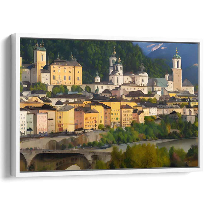 Riverside Whispers: Romantic Pastel Town by the River Canvas Art Print