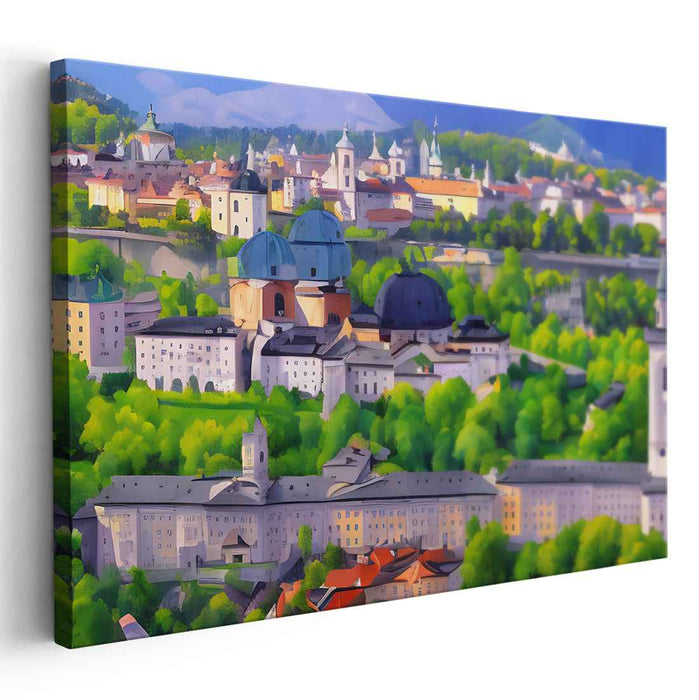 Embracing Verdant Horizons: Realistic European Cityscape with Lush Green Overtones Canvas Art