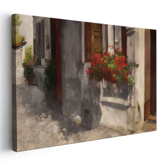 Crimson Charm on Stone Retreat: Vibrant Red Flowers on a Quaint Stone Building Canvas Art Print