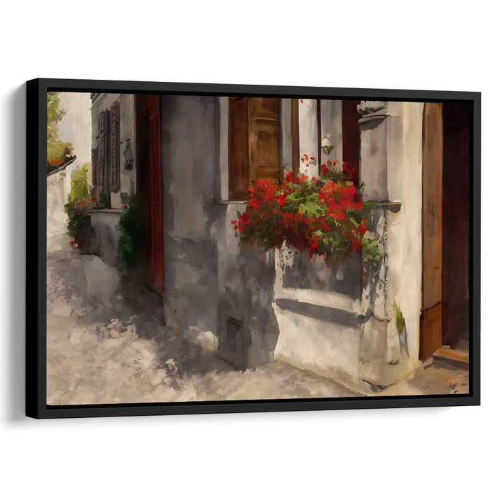 Crimson Charm on Stone Retreat: Vibrant Red Flowers on a Quaint Stone Building Canvas Art Print