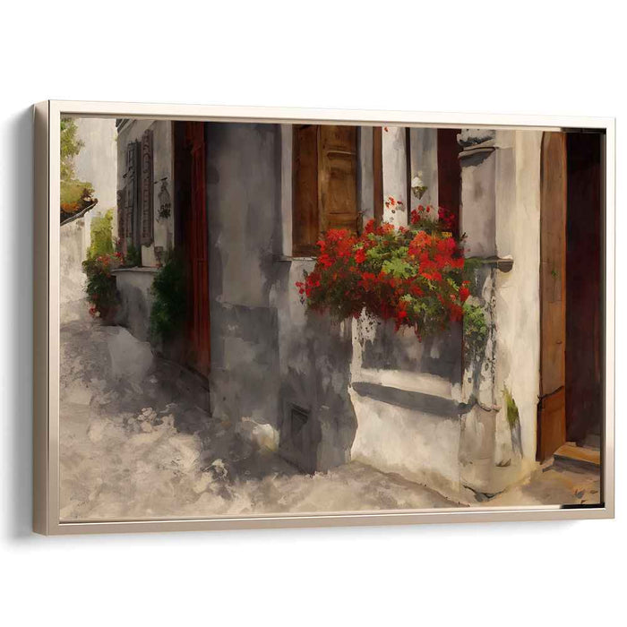 Crimson Charm on Stone Retreat: Vibrant Red Flowers on a Quaint Stone Building Canvas Art Print