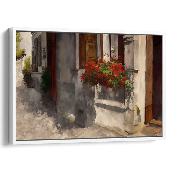 Crimson Charm on Stone Retreat: Vibrant Red Flowers on a Quaint Stone Building Canvas Art Print