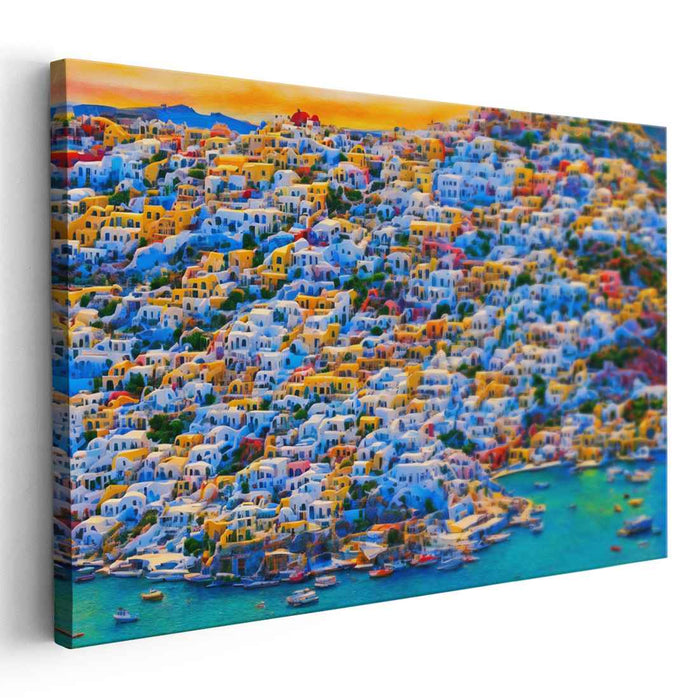 Caldera Flight Path: Vibrant Santorini Aerial View Canvas Art Print