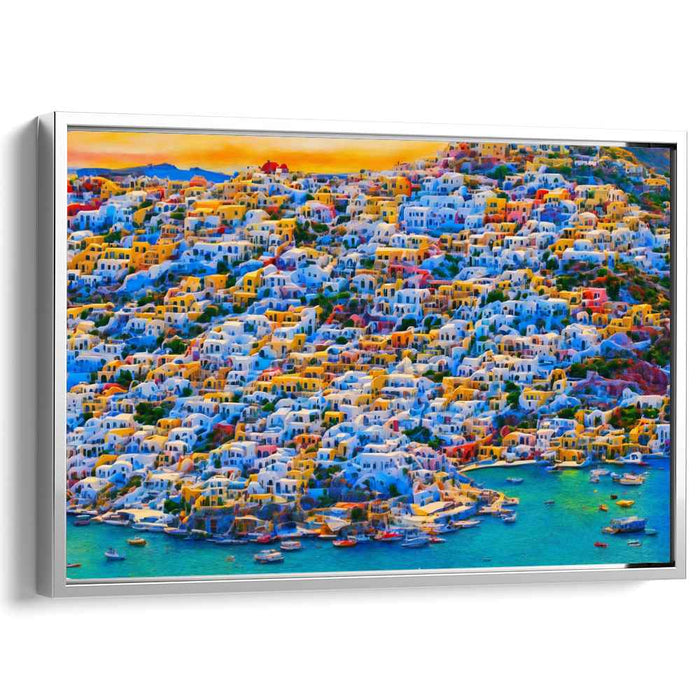 Caldera Flight Path: Vibrant Santorini Aerial View Canvas Art Print