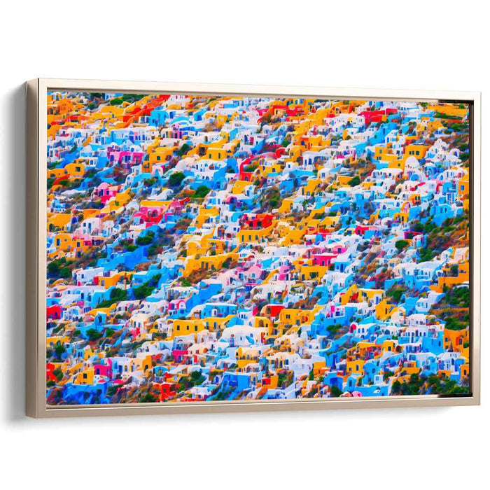 Elevated Santorini Serenity: Vibrant Aerial View of Santorini-Inspired Village