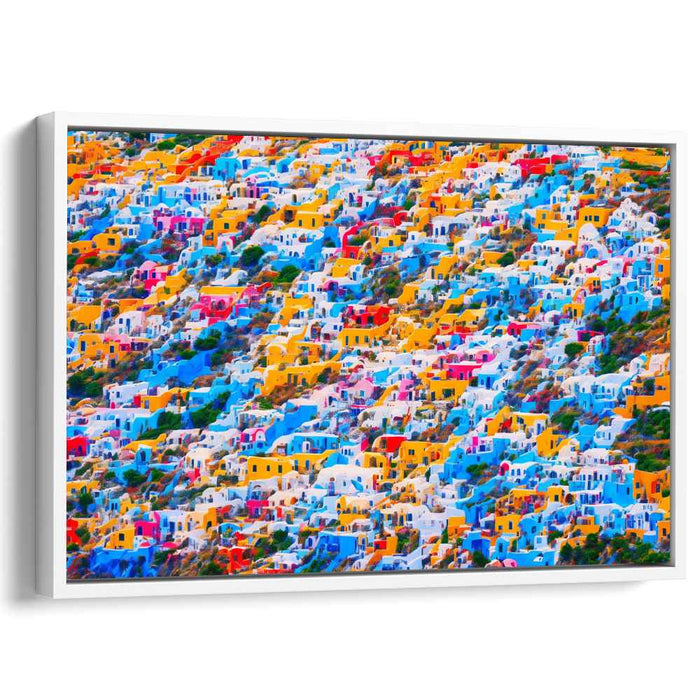 Elevated Santorini Serenity: Vibrant Aerial View of Santorini-Inspired Village