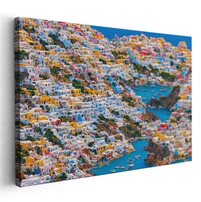Seaside Harbor Echoes: Vibrant Coastal Town Canvas Art Print