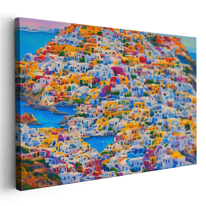 Santorini Sunrise: A Kaleidoscope of Color - Vibrant Village Landscape Canvas Art