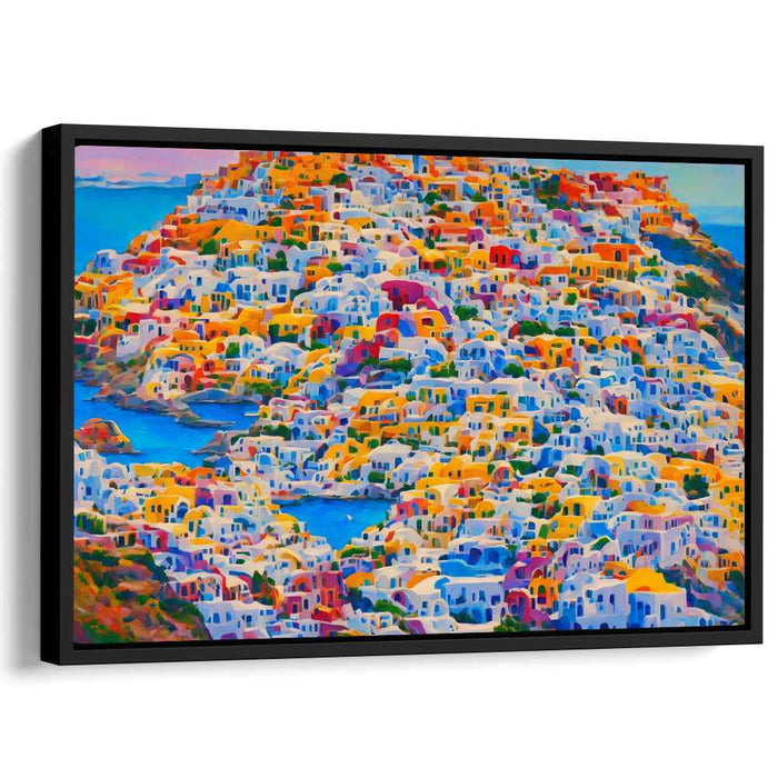 Santorini Sunrise: A Kaleidoscope of Color - Vibrant Village Landscape Canvas Art