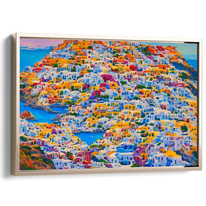 Santorini Sunrise: A Kaleidoscope of Color - Vibrant Village Landscape Canvas Art