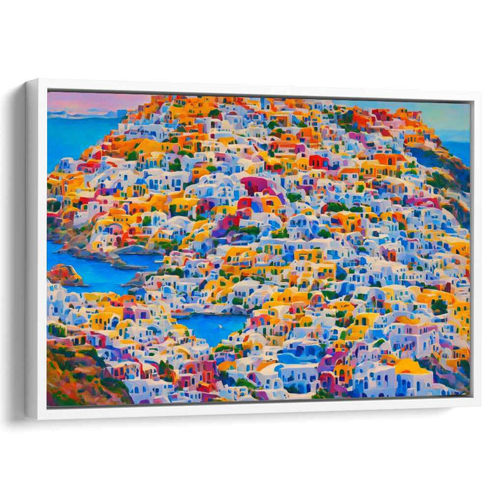 Santorini Sunrise: A Kaleidoscope of Color - Vibrant Village Landscape Canvas Art