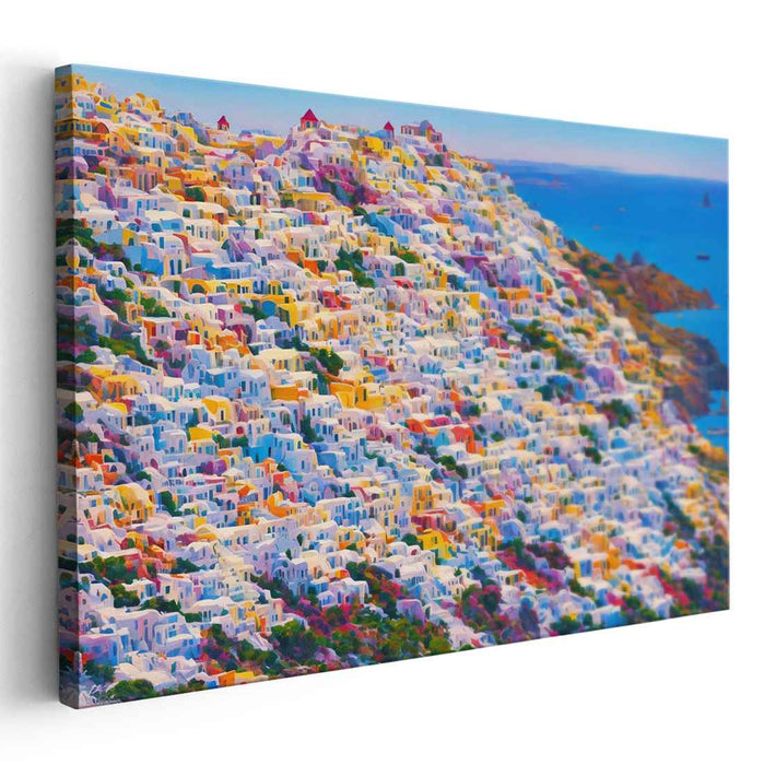 Seaside Dotscape: Pointillist Coastal Townscape Canvas Art Print