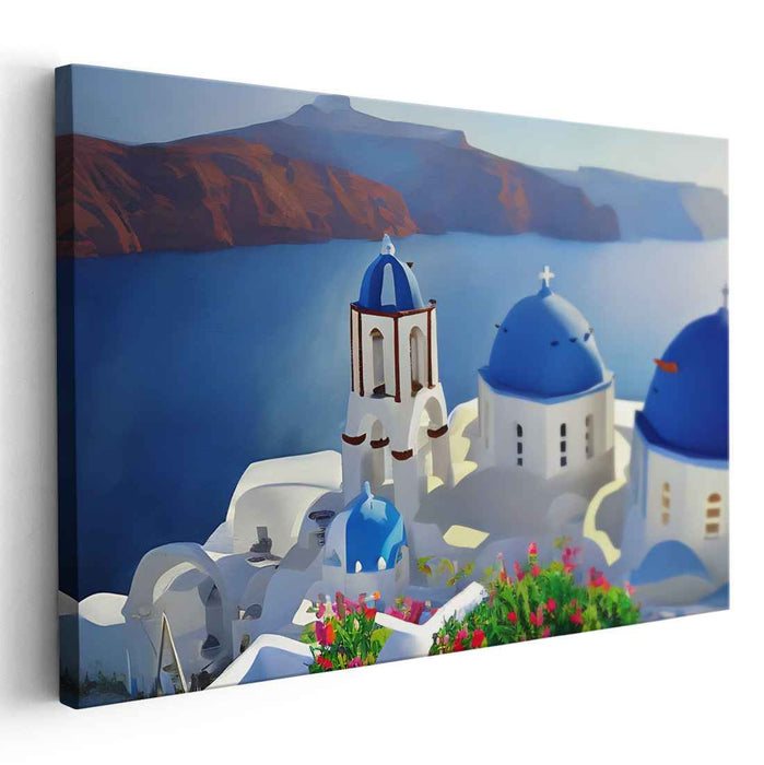 Iconic Blue Horizons: Realistic Seascape with Iconic Blue Domes Canvas Art