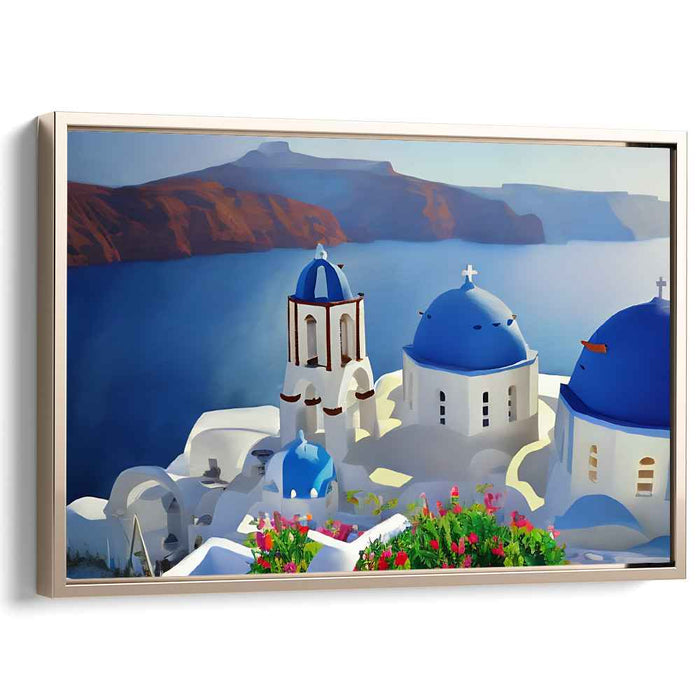 Iconic Blue Horizons: Realistic Seascape with Iconic Blue Domes Canvas Art