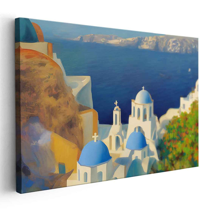 Architectural Ocean Symphony: Blue Domes and Aegean Bliss Canvas Art Print